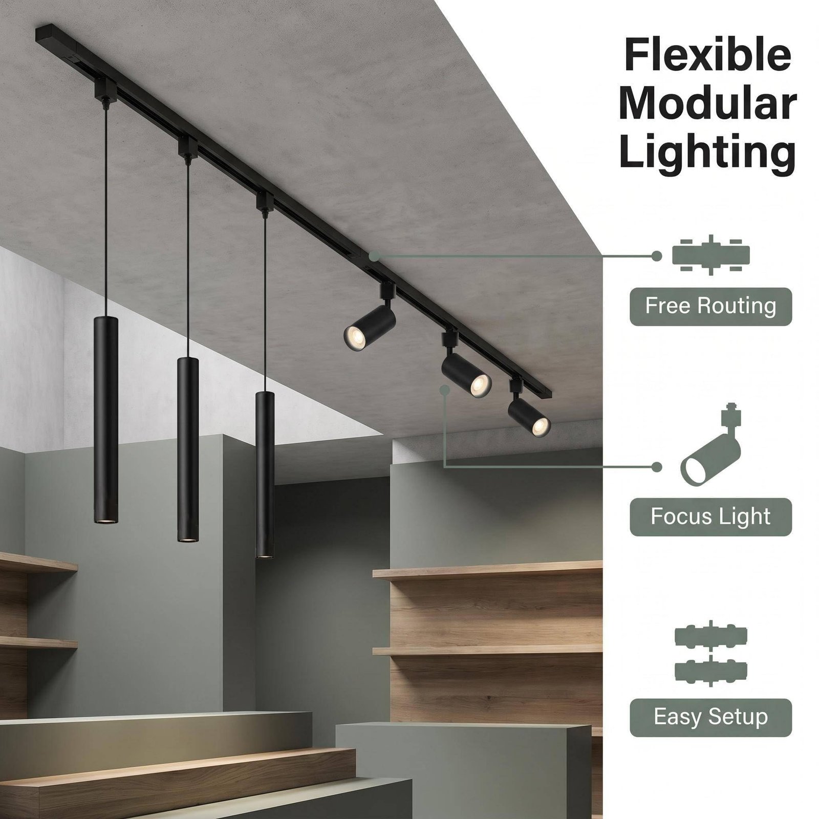 Kitchen Island 6 LED Black Track Pendant & Spot Lighting Kit - 图片 3